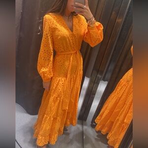 Zara Orange Belted orange Eyelet lace long sleeve maxi dress size small.
